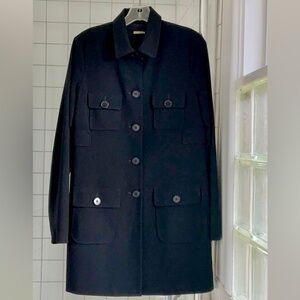 MAX STUDIO Women’s Black Long Jacket 4 Pockets Collared Button Front Sz. 10